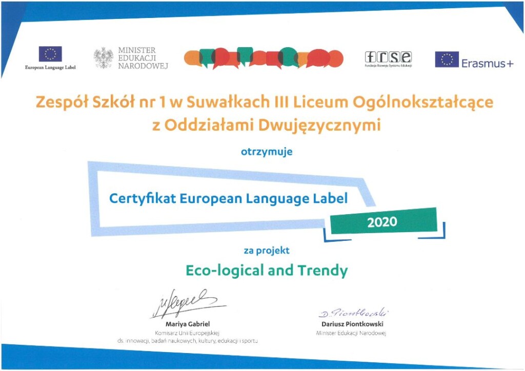 Suwałki III LO certyfikat