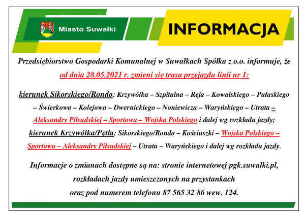 PGK Suwałki zmiana rozkladu jazdy linii nr 1
